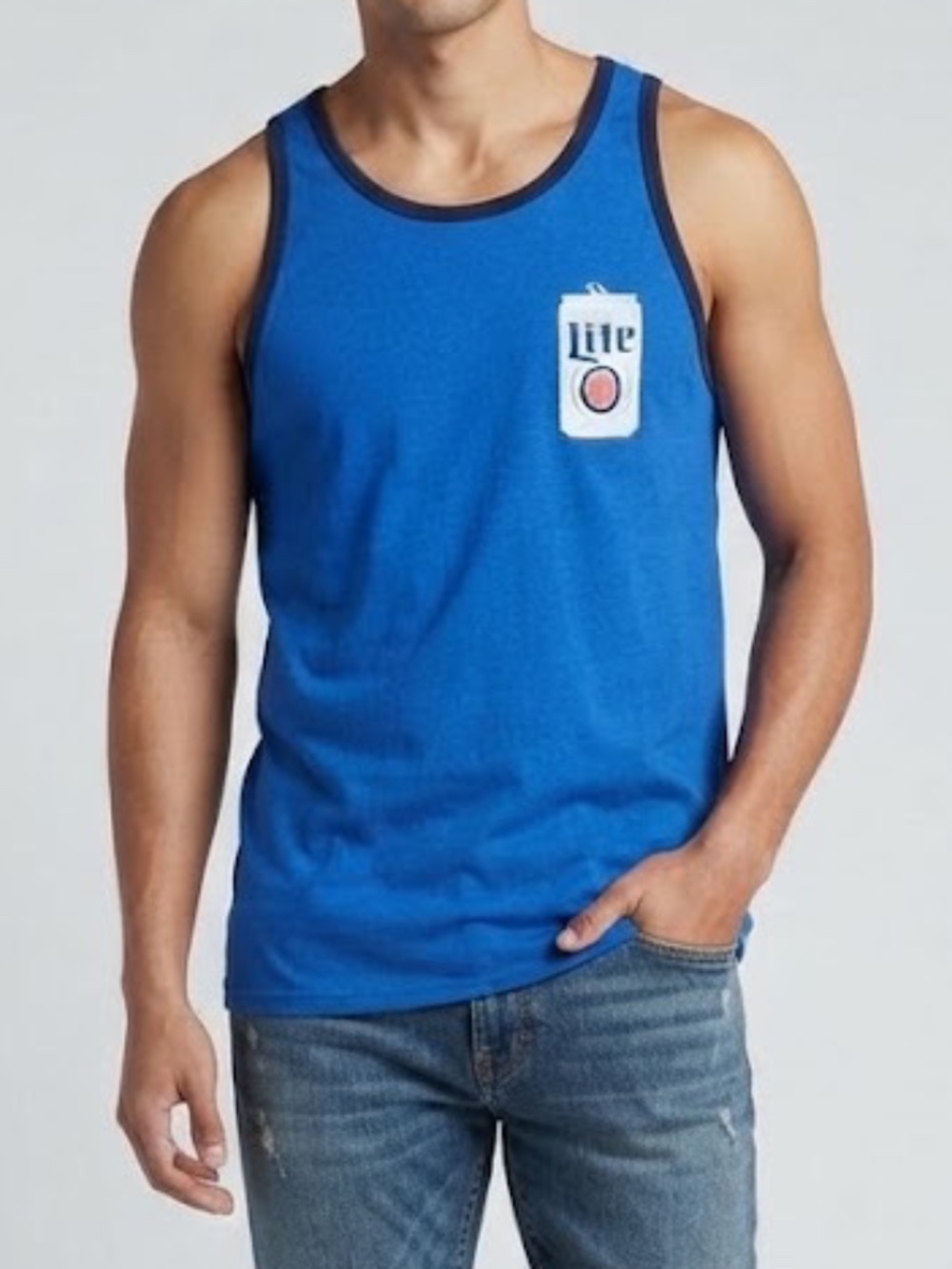 Miller Lite Men's Royal Blue Beer Can Graphic Ringer Tank Top Size Small